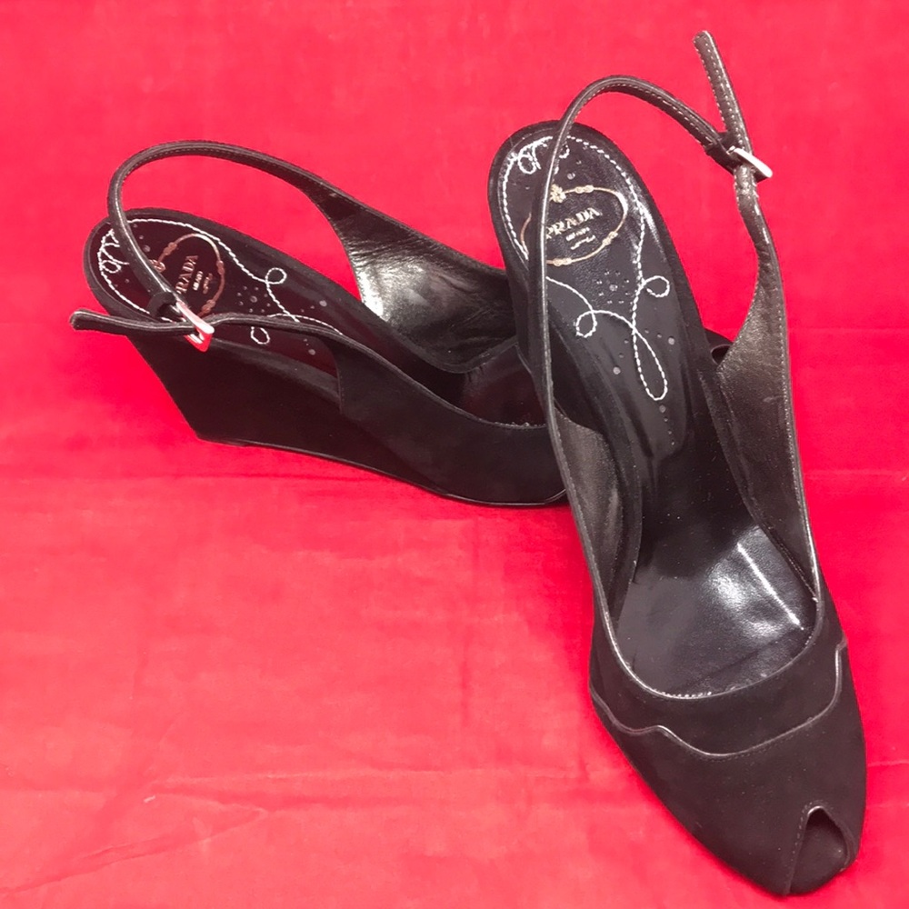 Prada Suede Slingback Peep Toe Wedge Heels
